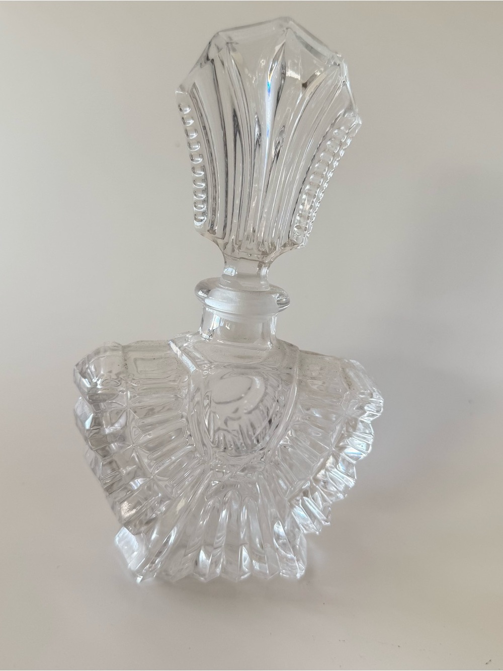 Vintage Art Deco Pressed Glass Clear Perfume Bottle With Fan Style Stopper - Picture 7 of 14